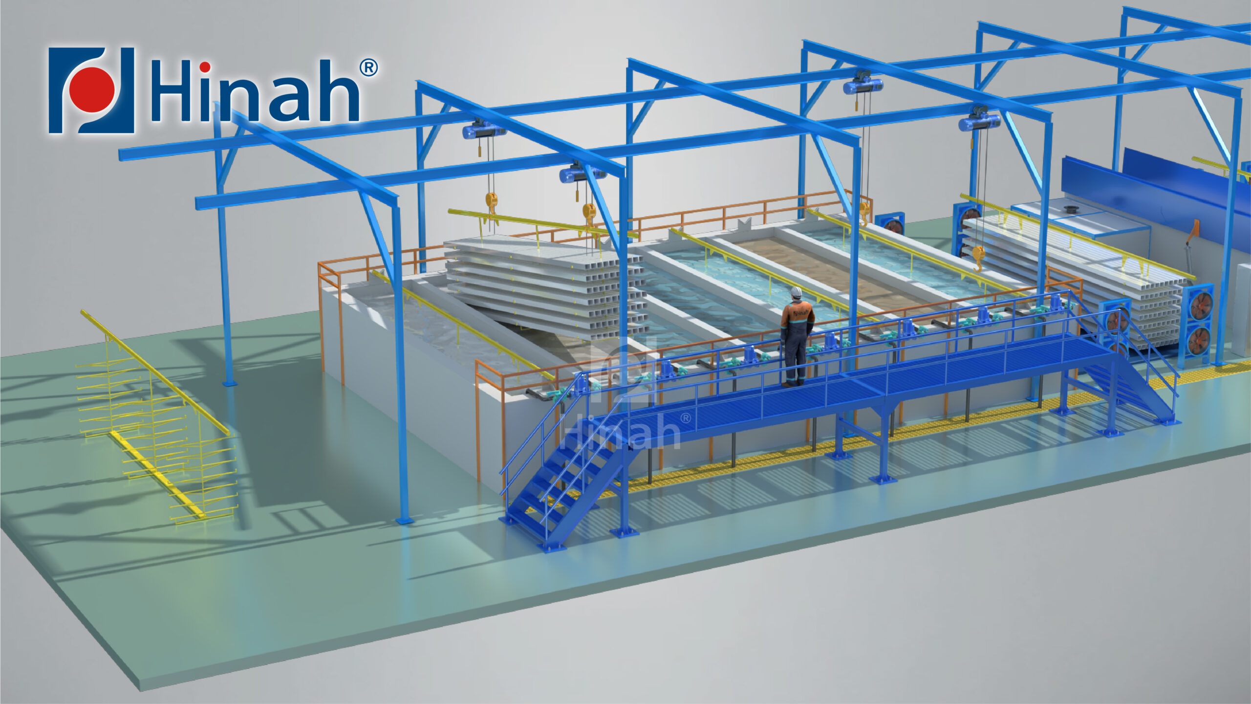 Dip pretreatment tanks with overhead hoist on a powder coating line