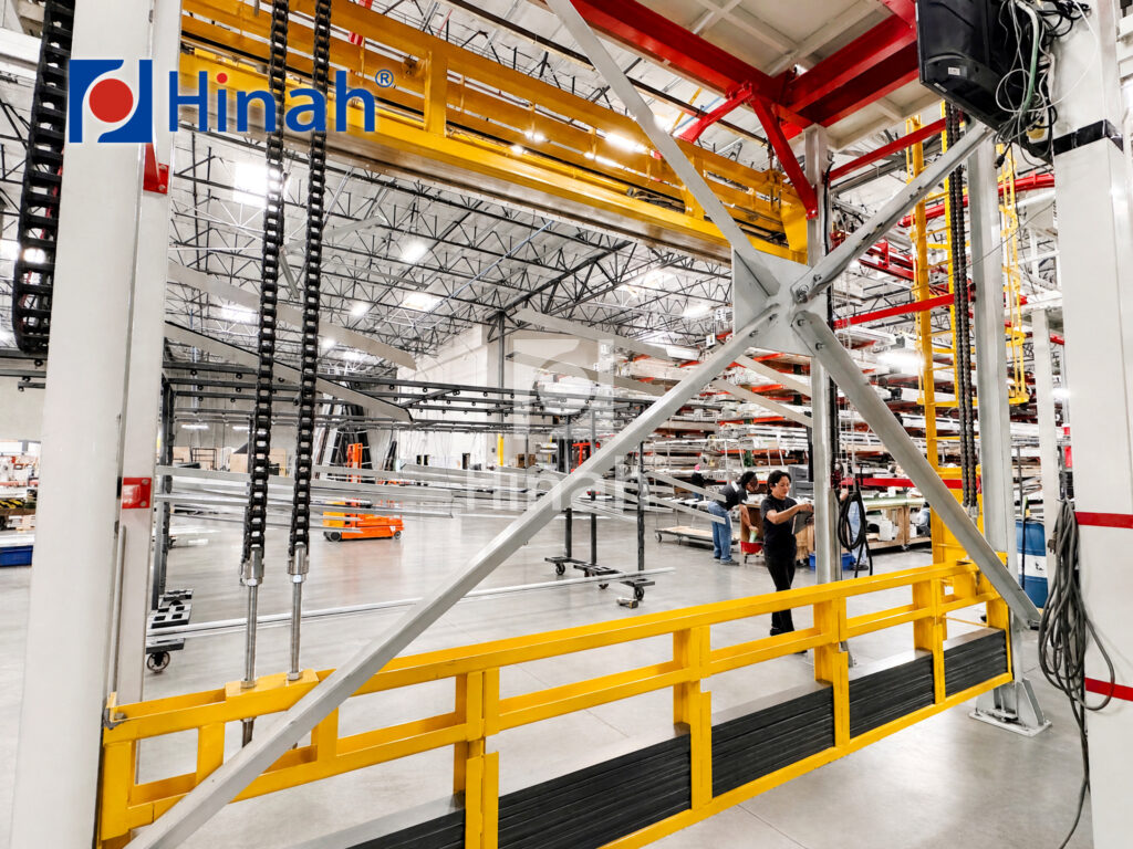 Powder coating line gantry and conveyor loop inside the plant